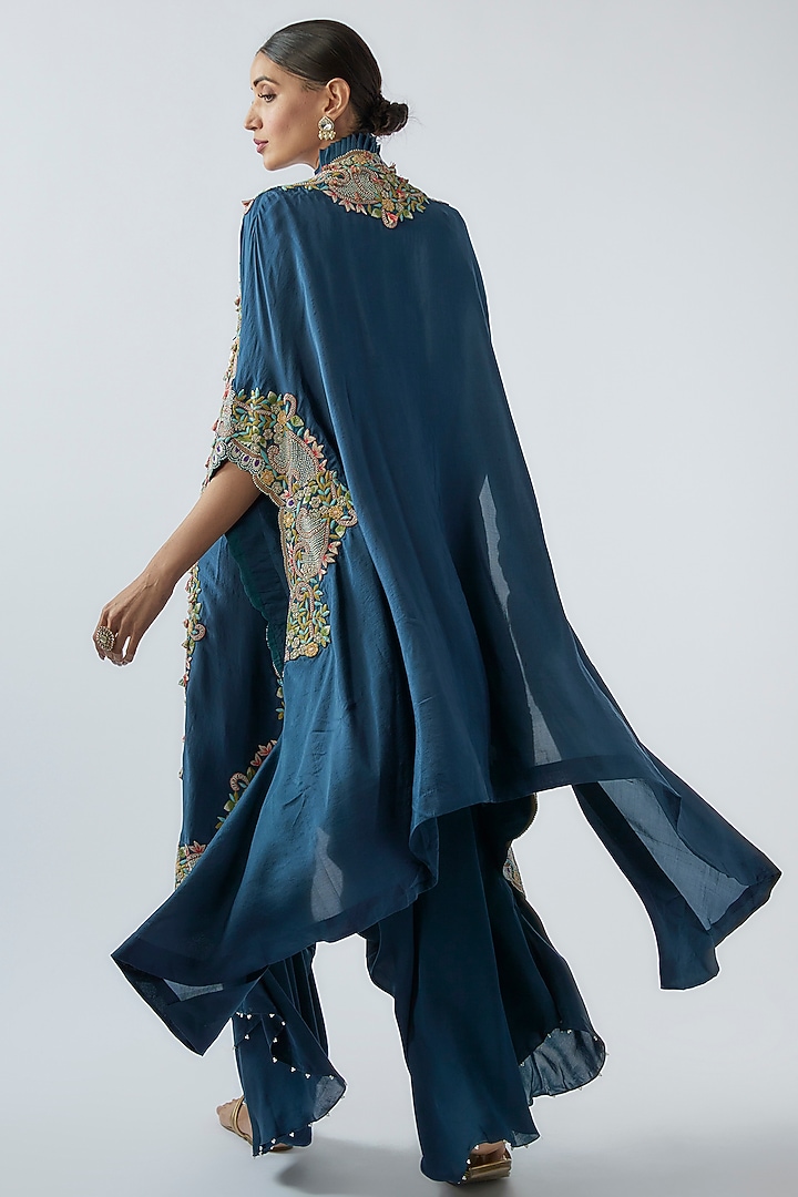 Peacock Blue Dupion Embroidered Cape Set by Minaxi Dadoo at Pernia's Pop Up Shop