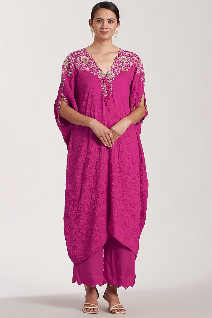 Rani Pink Embroidered Kaftan Set by Minaxi Dadoo at Pernia's Pop Up Shop