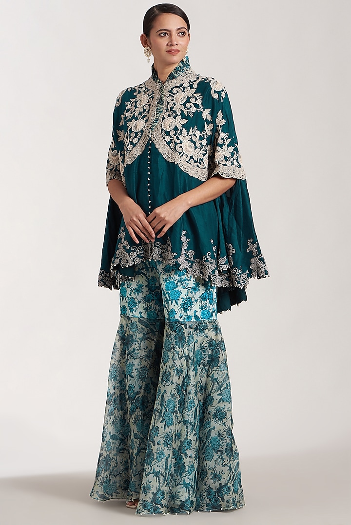 Peacock Blue Dupion Embroidered Cape Set by Minaxi Dadoo