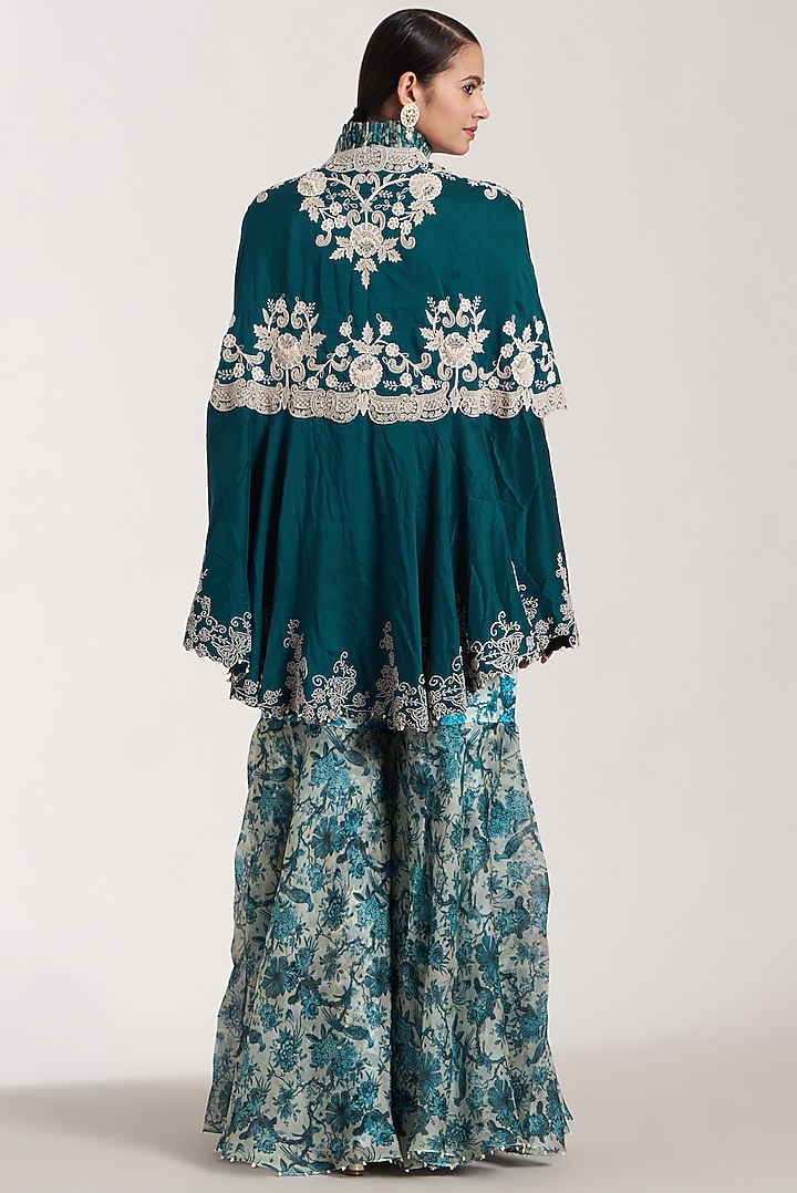 Peacock Blue Dupion Embroidered Cape Set by Minaxi Dadoo at Pernia's Pop Up Shop