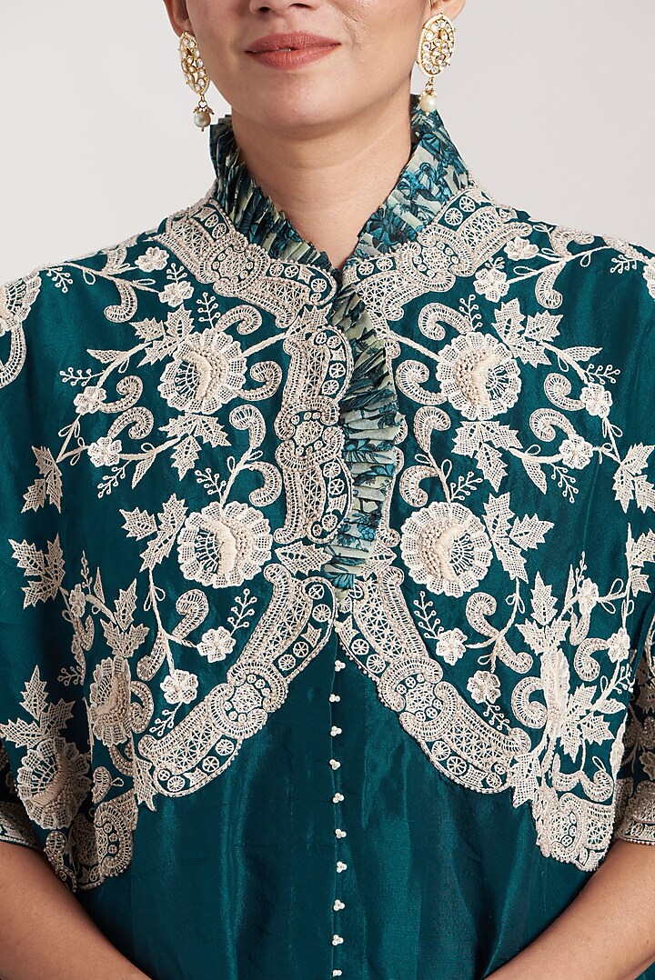 Peacock Blue Dupion Embroidered Cape Set by Minaxi Dadoo at Pernia's Pop Up Shop