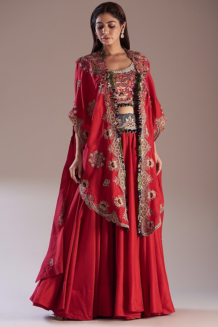 Red Chanderi Mirror Work Bridal Lehenga Set by Minaxi Dadoo at Pernia's Pop Up Shop
