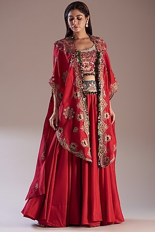 Red Chanderi Mirror Work Lehenga Set by Minaxi Dadoo