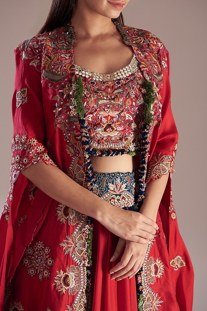 Red Chanderi Mirror Work Bridal Lehenga Set by Minaxi Dadoo at Pernia's Pop Up Shop