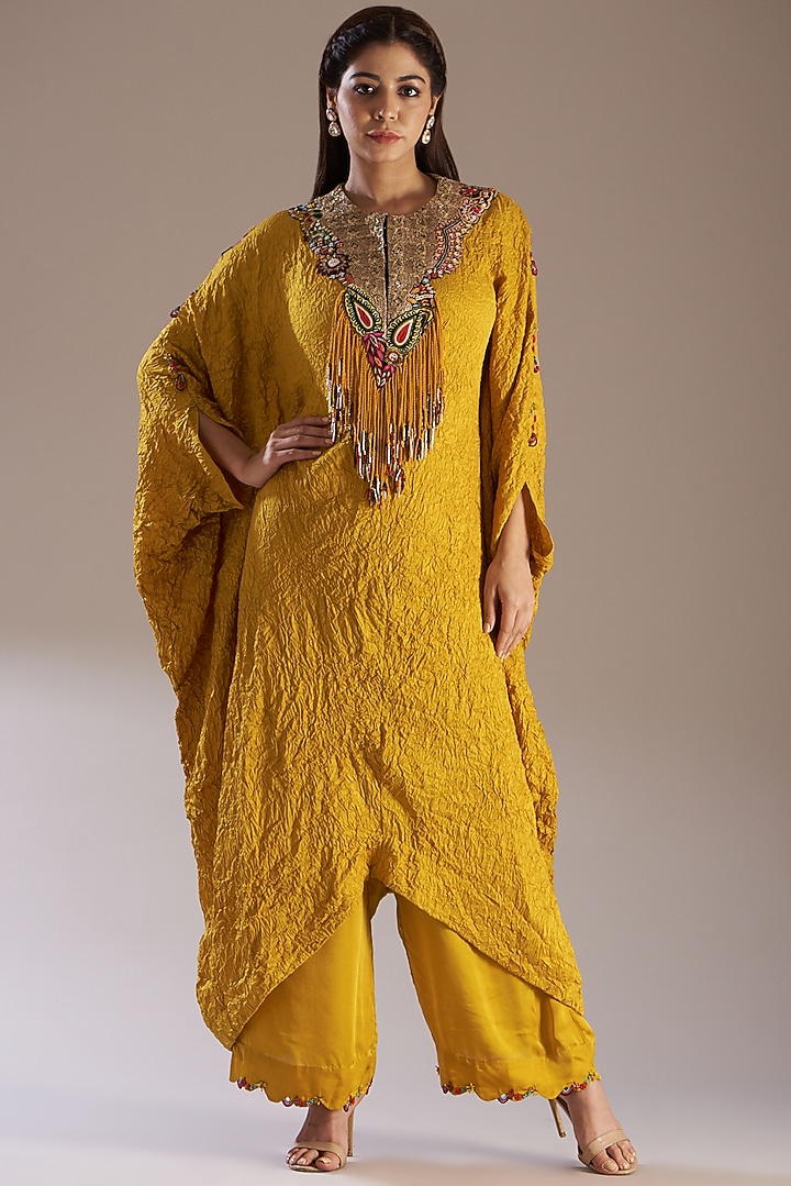 Yellow Silk & Dupion Embroidered Kaftan Set by Minaxi Dadoo at Pernia's Pop Up Shop