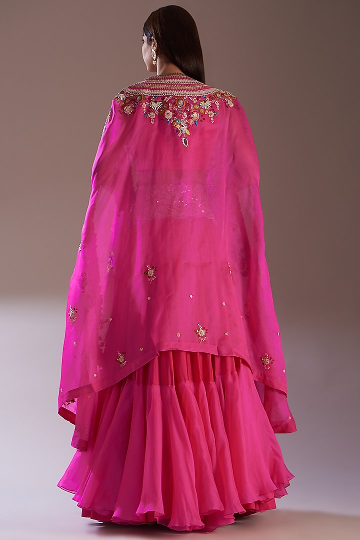 Rani Pink Silk & Organza Tiered Bridal Lehenga Set by Minaxi Dadoo at Pernia's Pop Up Shop