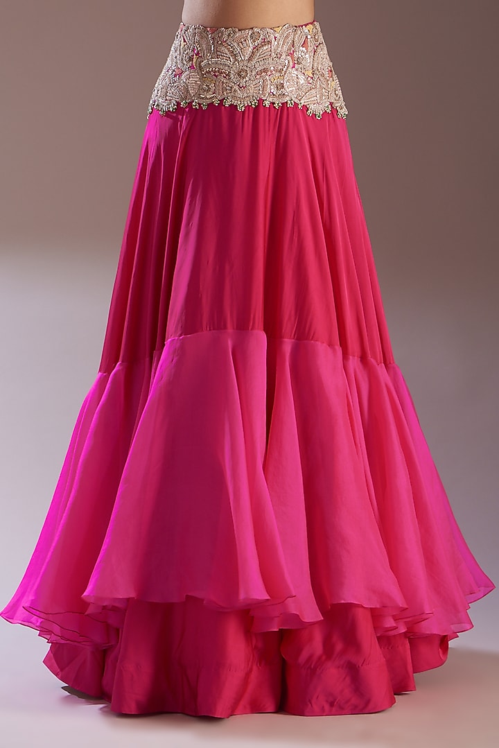 Rani Pink Silk & Organza Tiered Bridal Lehenga Set by Minaxi Dadoo at Pernia's Pop Up Shop