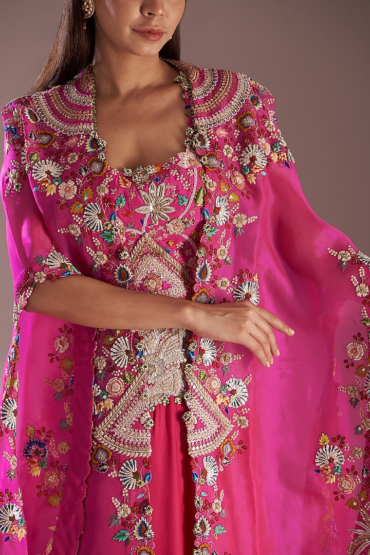 Rani Pink Silk & Organza Tiered Bridal Lehenga Set by Minaxi Dadoo at Pernia's Pop Up Shop