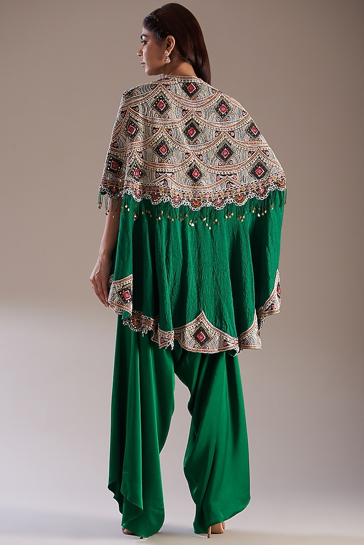 Green Silk Embroidered Cape Set by Minaxi Dadoo at Pernia's Pop Up Shop