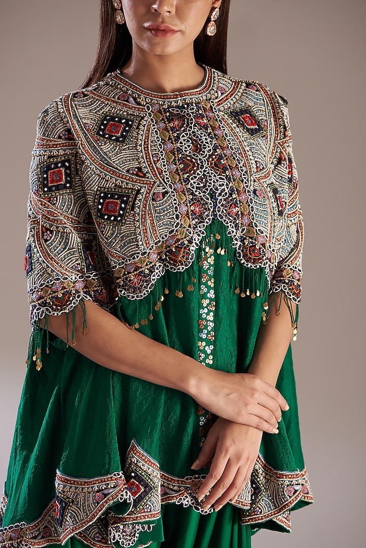 Green Silk Embroidered Cape Set by Minaxi Dadoo at Pernia's Pop Up Shop