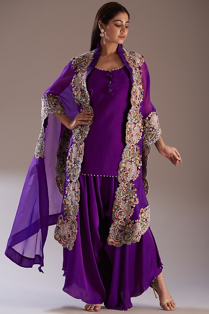 Purple Organza Embroidered Cape Set by Minaxi Dadoo at Pernia's Pop Up Shop