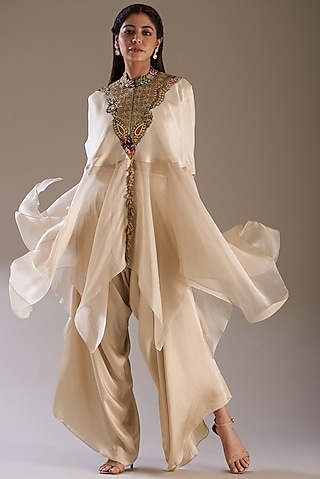 Beige Silk Embroidered Cape Set by Minaxi Dadoo