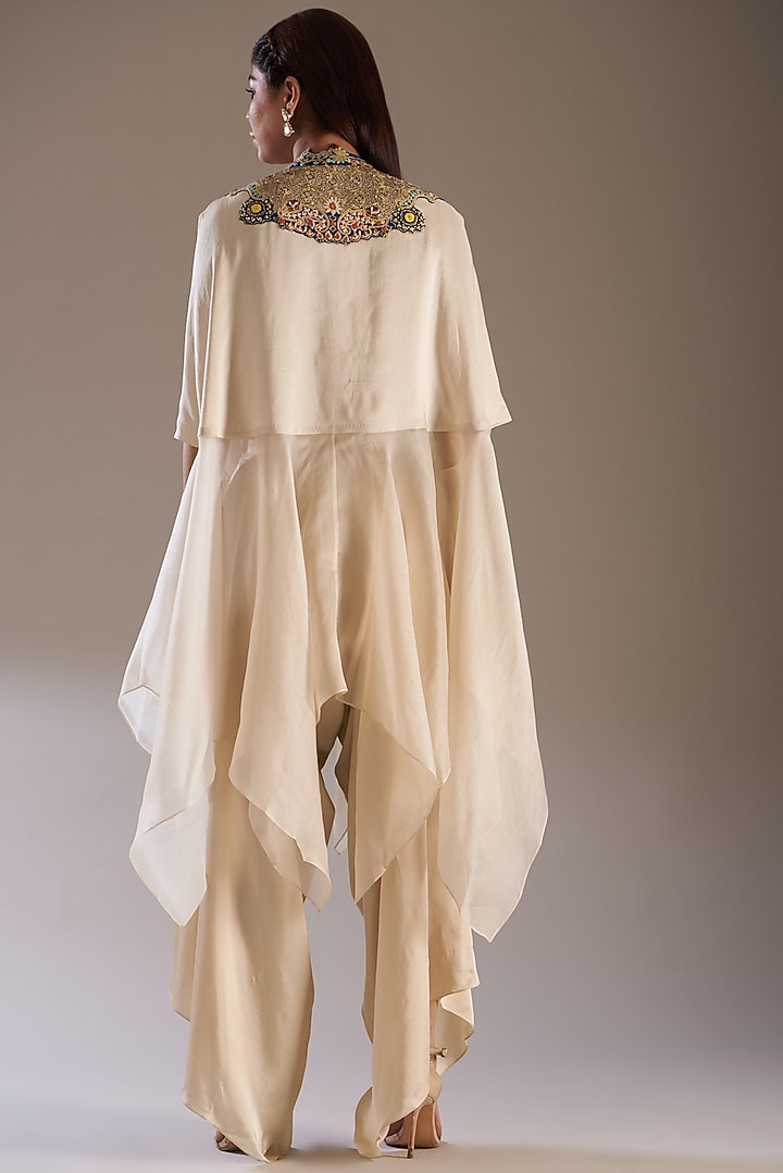 Beige Silk Embroidered Cape Set by Minaxi Dadoo at Pernia's Pop Up Shop