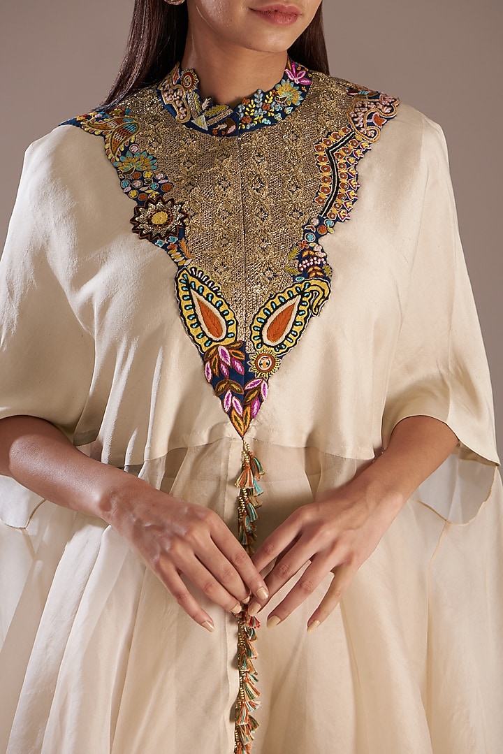 Beige Silk Embroidered Cape Set by Minaxi Dadoo at Pernia's Pop Up Shop