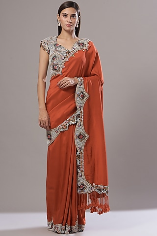 Rust Orange Dupion Saree Set by Minaxi Dadoo