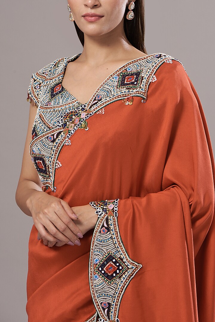 Rust Orange Dupion Reception Saree Set by Minaxi Dadoo at Pernia's Pop Up Shop