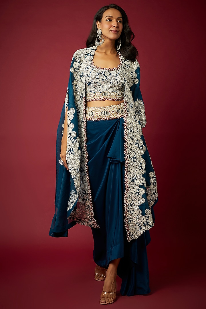 Teal Organza Cape Set by Minaxi Dadoo at Pernia's Pop Up Shop