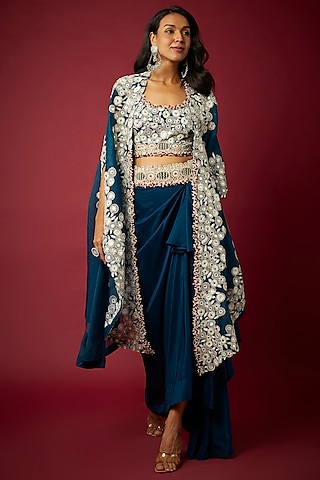 Teal Organza Cape Set by Minaxi Dadoo