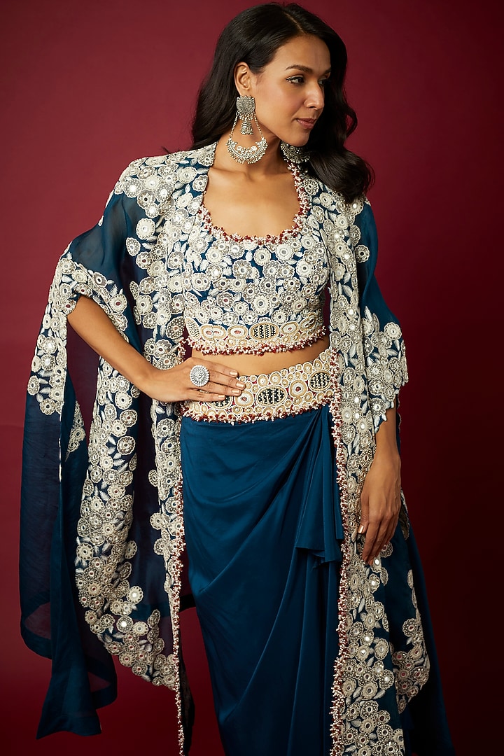Teal Organza Cape Set by Minaxi Dadoo at Pernia's Pop Up Shop
