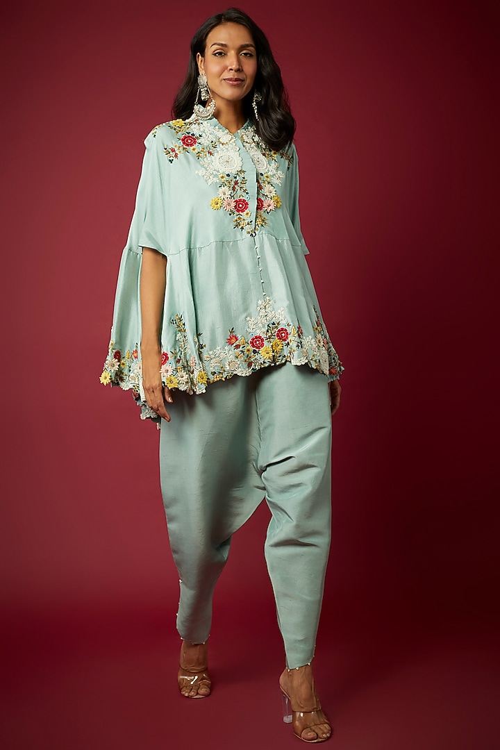 Powder Blue China Dupion Cape Set by Minaxi Dadoo at Pernia's Pop Up Shop