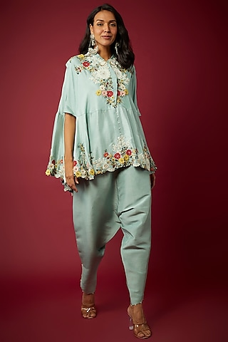 Powder Blue China Dupion Cape Set by Minaxi Dadoo