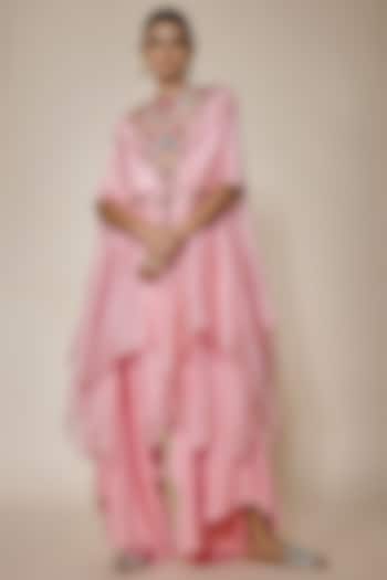 Pink Dupion Embroidered Handkerchief Cape Set by Minaxi Dadoo at Pernia's Pop Up Shop