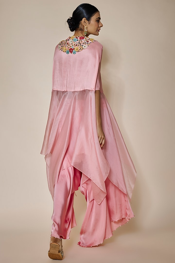 Pink Dupion Embroidered Handkerchief Cape Set by Minaxi Dadoo at Pernia's Pop Up Shop