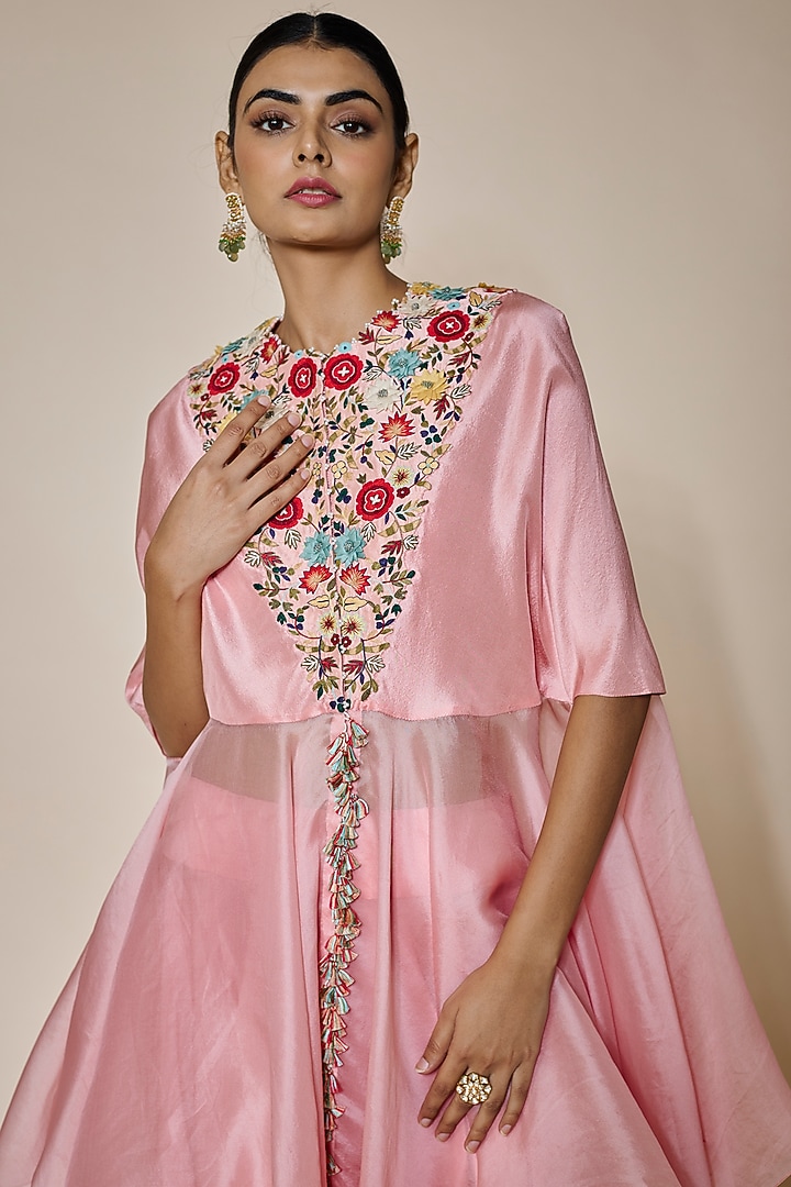 Pink Dupion Embroidered Handkerchief Cape Set by Minaxi Dadoo at Pernia's Pop Up Shop