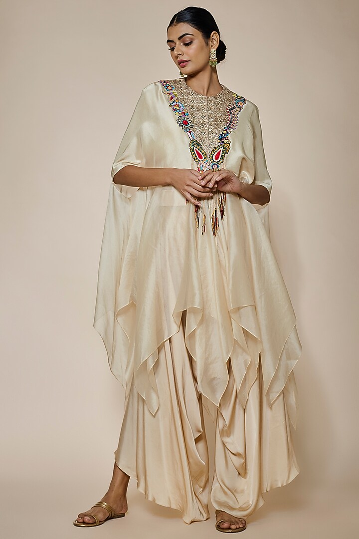 Beige Dupion Embroidered Handkerchief Cape Set by Minaxi Dadoo at Pernia's Pop Up Shop