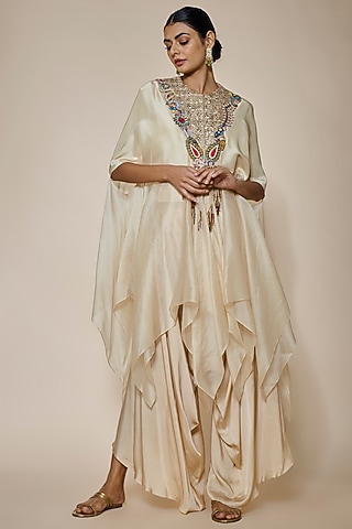 Beige Dupion Embroidered Handkerchief Cape Set by Minaxi Dadoo