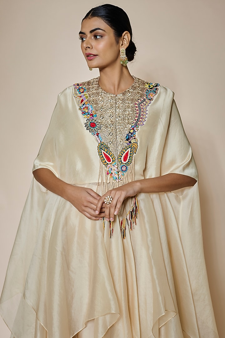 Beige Dupion Embroidered Handkerchief Cape Set by Minaxi Dadoo at Pernia's Pop Up Shop