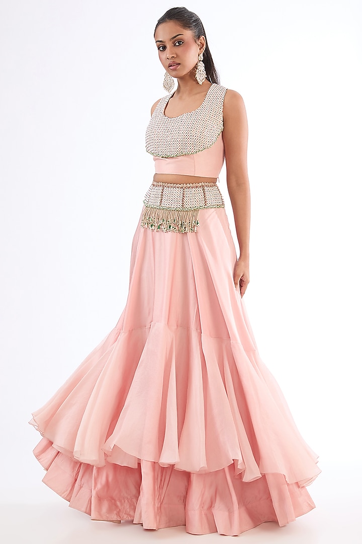 Pink Silk & Organza Zari Work Jacket Tiered Bridal Lehenga Set by Minaxi Dadoo at Pernia's Pop Up Shop
