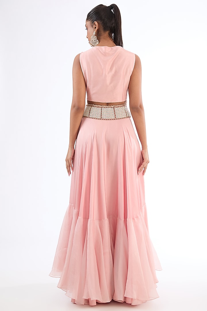 Pink Silk & Organza Zari Work Jacket Tiered Bridal Lehenga Set by Minaxi Dadoo at Pernia's Pop Up Shop