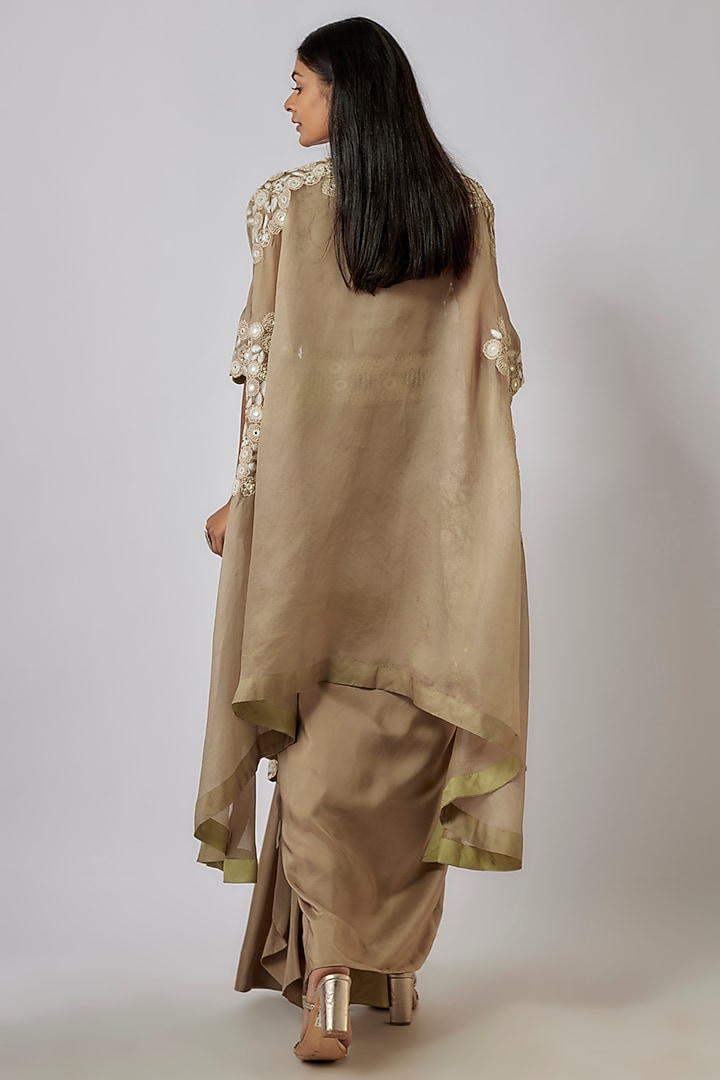 Cardamom Green Organza & China Dupion Mirror Work Butterfly Cape Set by Minaxi Dadoo at Pernia's Pop Up Shop