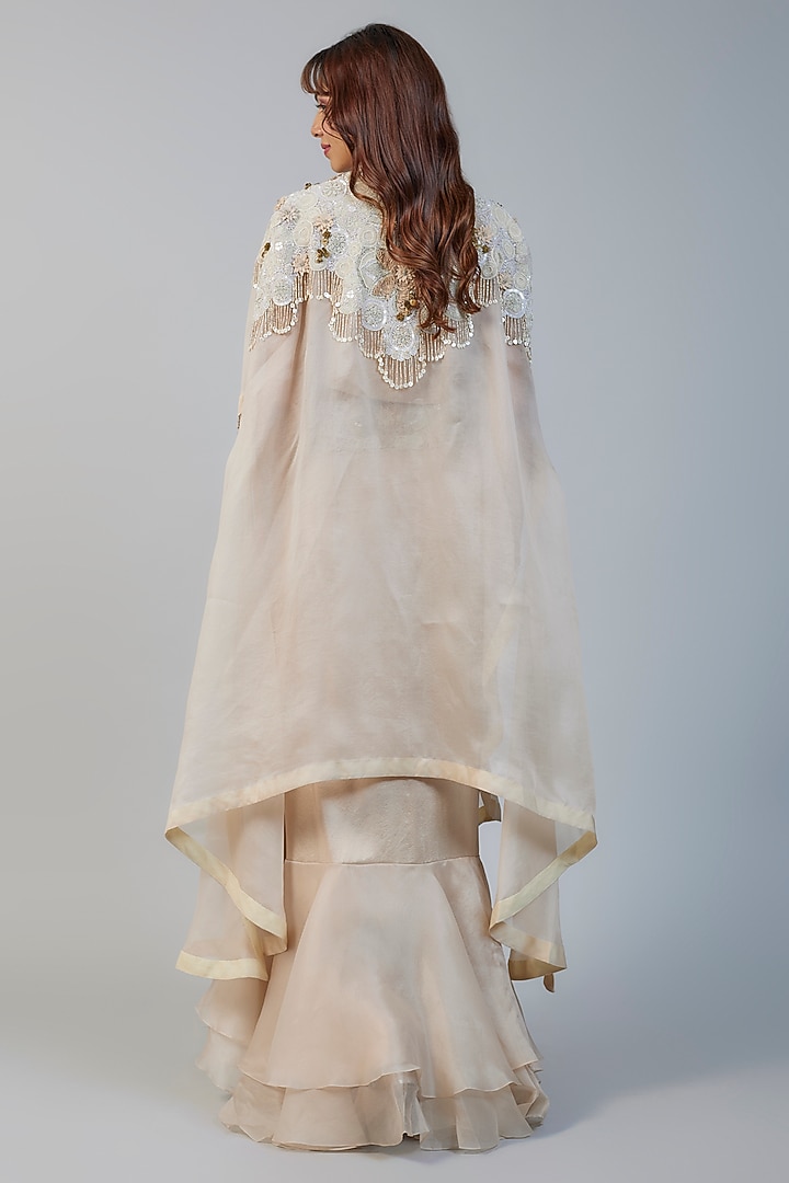 Ivory Organza Sequins Embroidered Butterfly Cape Set by Minaxi Dadoo at Pernia's Pop Up Shop