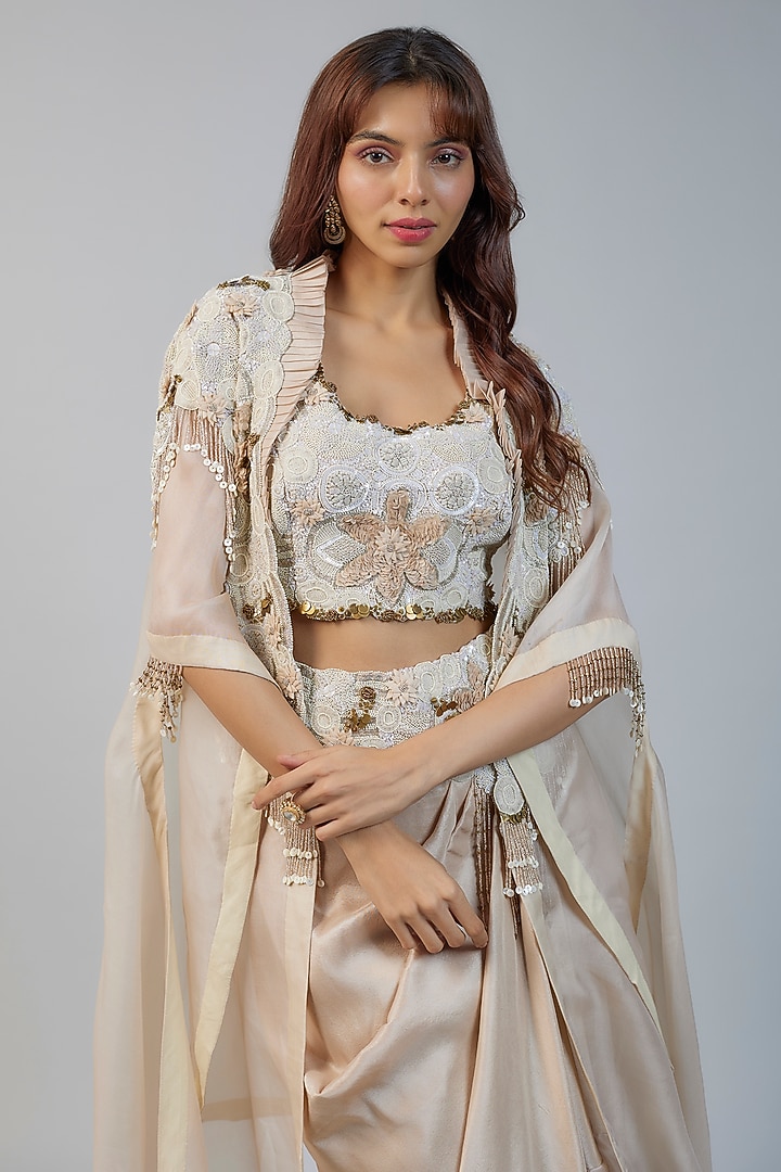 Ivory Organza Sequins Embroidered Butterfly Cape Set by Minaxi Dadoo at Pernia's Pop Up Shop