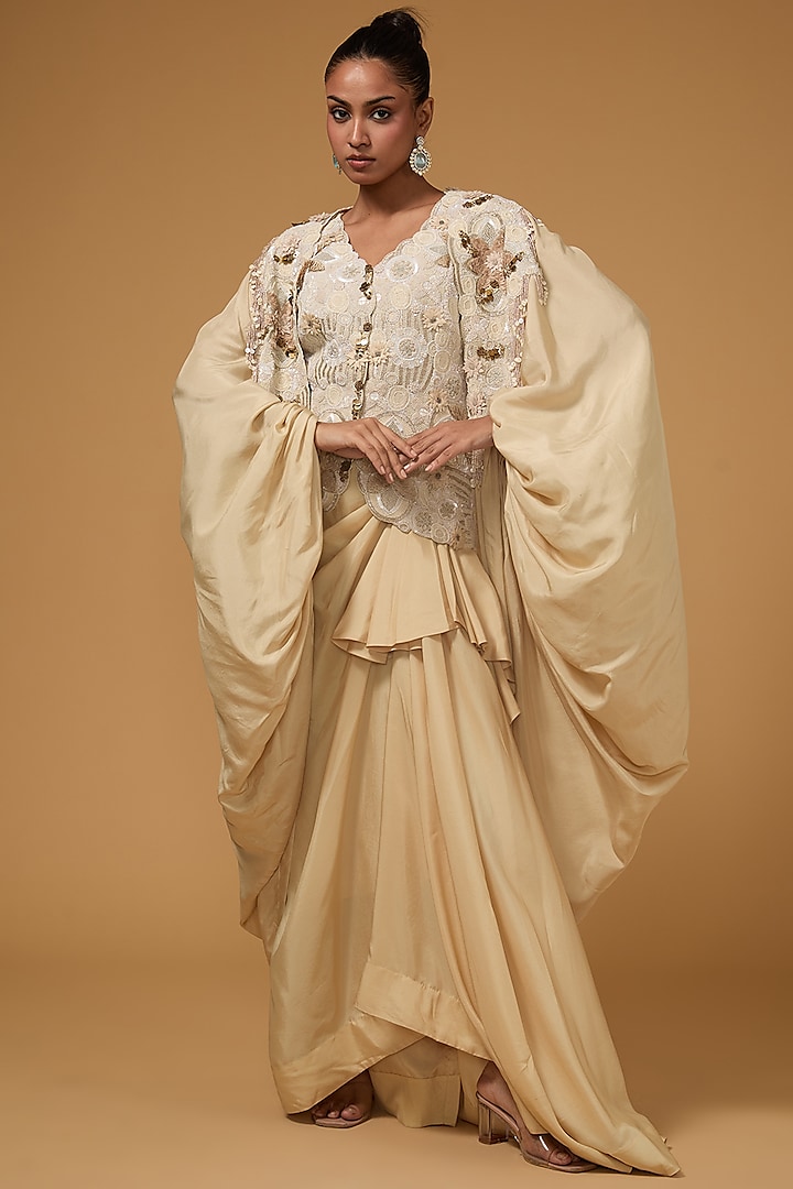 Beige Silk Thread Work Butterfly Cape Set by Minaxi Dadoo