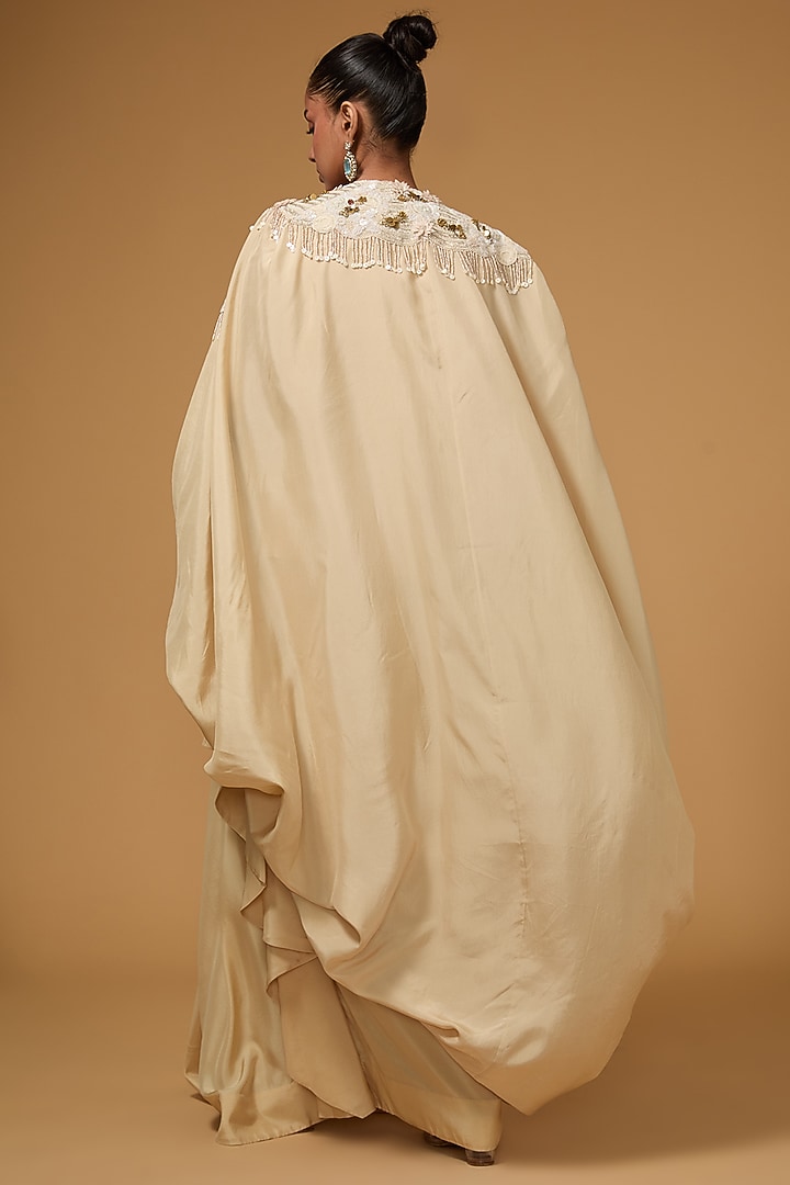 Beige Silk Thread Work Butterfly Cape Set by Minaxi Dadoo at Pernia's Pop Up Shop