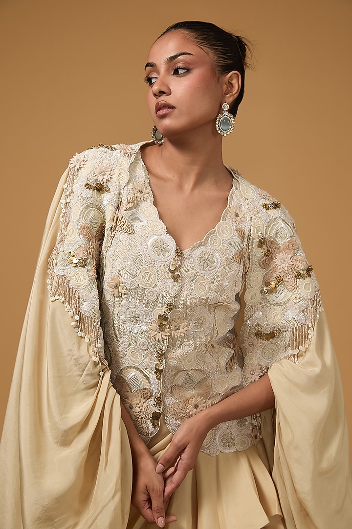 Beige Silk Thread Work Butterfly Cape Set by Minaxi Dadoo at Pernia's Pop Up Shop