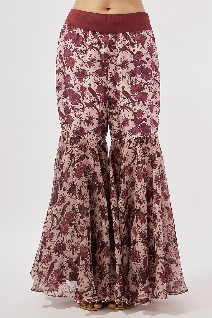 Maroon Organza Printed Gharara Set by Minaxi Dadoo at Pernia's Pop Up Shop