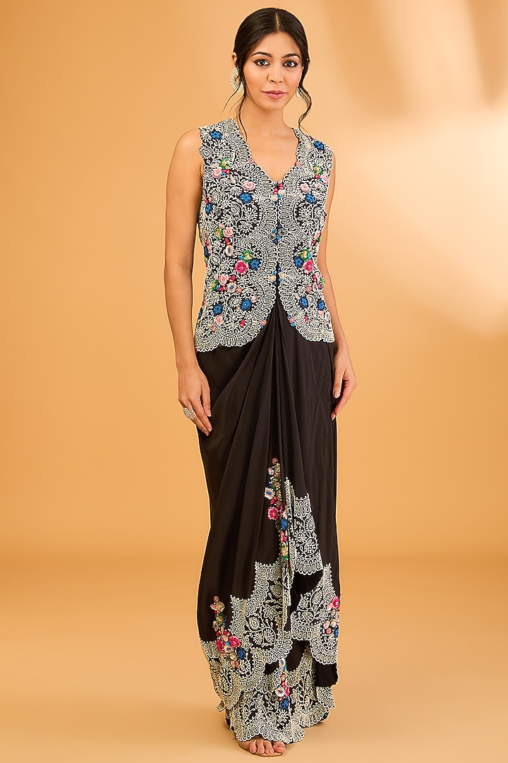 Black Silk Pearl Work Pick-Up Skirt Set by Minaxi Dadoo at Pernia's Pop Up Shop