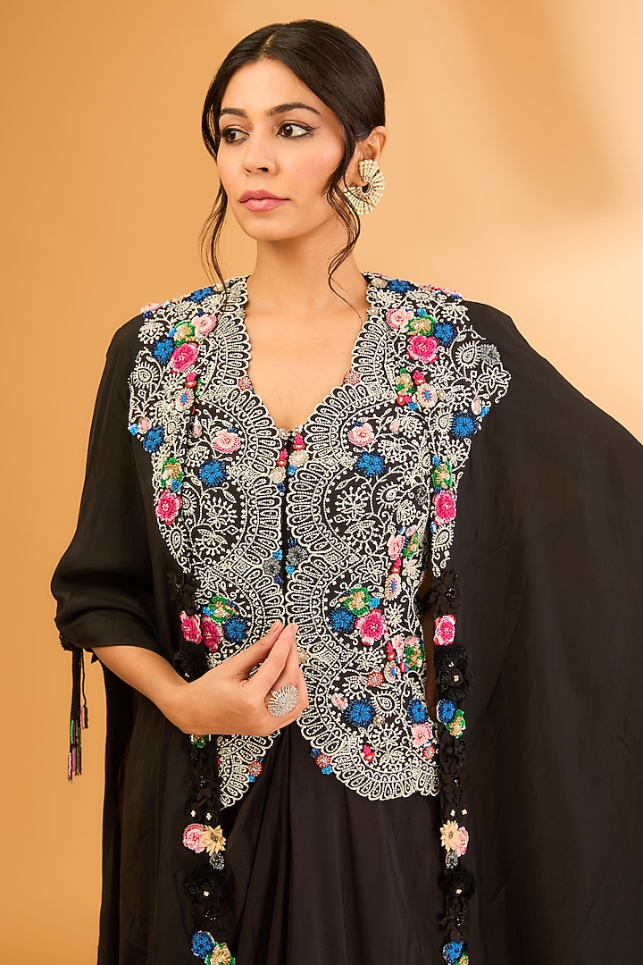 Black Silk Pearl Work Pick-Up Skirt Set by Minaxi Dadoo at Pernia's Pop Up Shop
