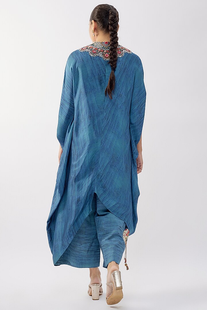 Blue Silk Printed & Mirror Work Kaftan Set by Minaxi Dadoo at Pernia's Pop Up Shop