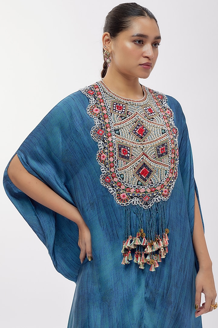 Blue Silk Printed & Mirror Work Kaftan Set by Minaxi Dadoo at Pernia's Pop Up Shop