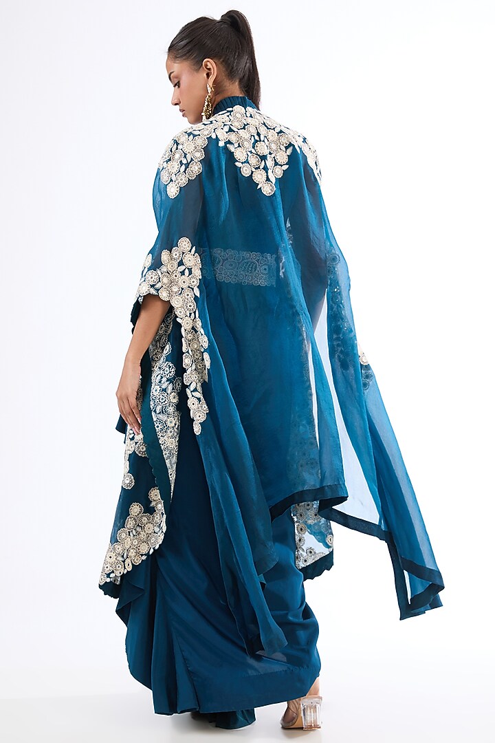 Blue Organza Mirror Work Butterfly Cape Set by Minaxi Dadoo at Pernia's Pop Up Shop