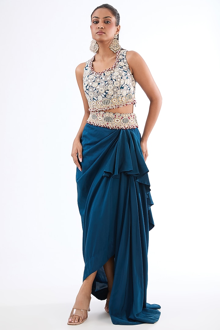 Blue Organza Mirror Work Butterfly Cape Set by Minaxi Dadoo at Pernia's Pop Up Shop