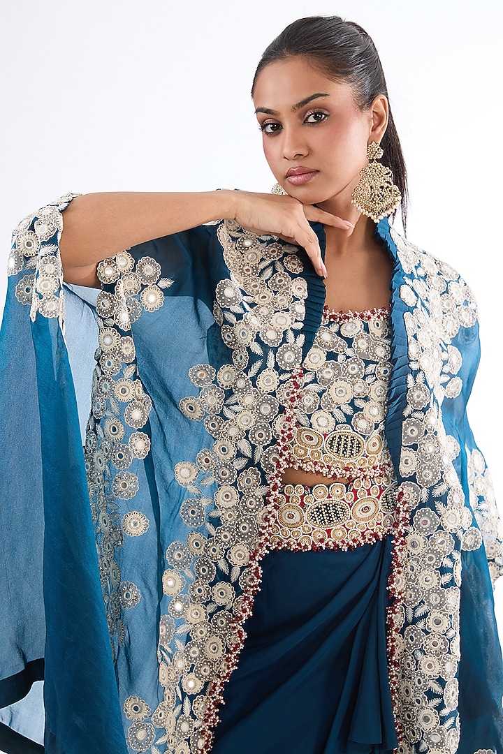 Blue Organza Mirror Work Butterfly Cape Set by Minaxi Dadoo at Pernia's Pop Up Shop
