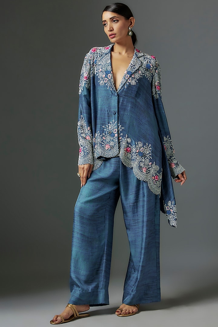Blue Printed China Dupion Pearl Embroidered Tunic Set by Minaxi Dadoo