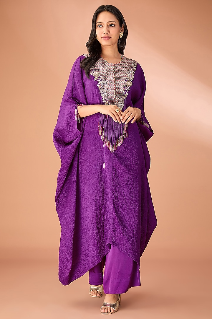 Purple Dupion Silk Embroidered Crushed Kaftan Set by Minaxi Dadoo at Pernia's Pop Up Shop