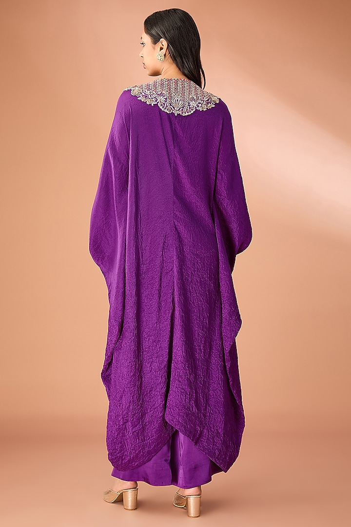 Purple Dupion Silk Embroidered Crushed Kaftan Set by Minaxi Dadoo at Pernia's Pop Up Shop